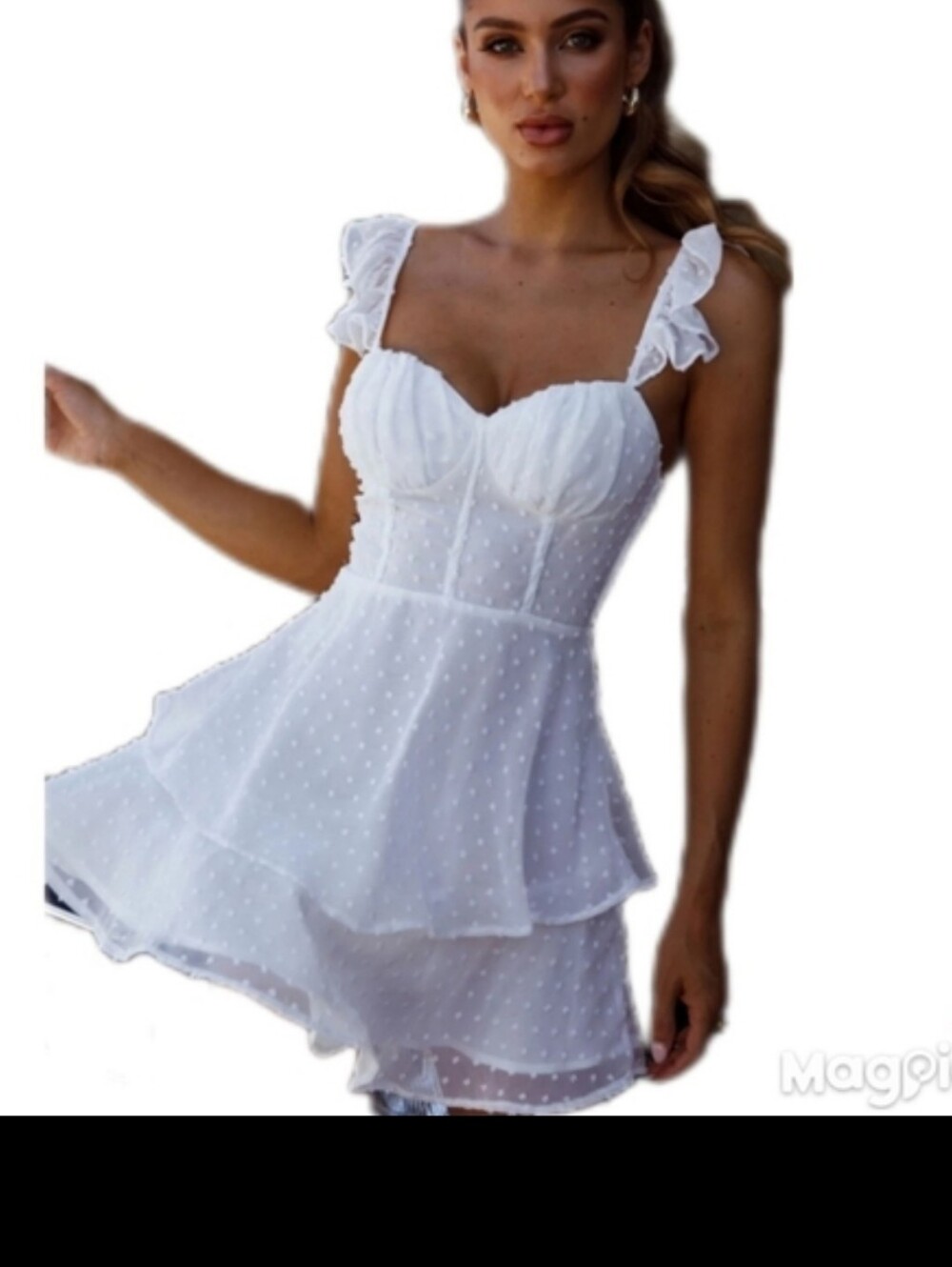 Selfie Leslie Theory Sweetheart Neckline Frill Mini Med Dress Textured White